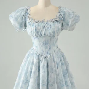 Cute Light Blue A Line Square Neck Floral Short Homecoming Dress with Ruffles