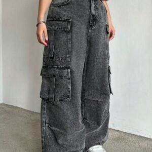 Stonewashed High Waist Straight Leg Cargo Jeans