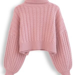 Turtleneck Cable Knit Cropped Sweater in Pink pink