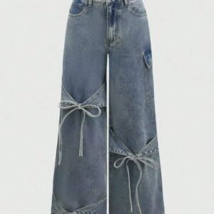Women's Bowknot Drawstring Design Denim Wide Leg Pants